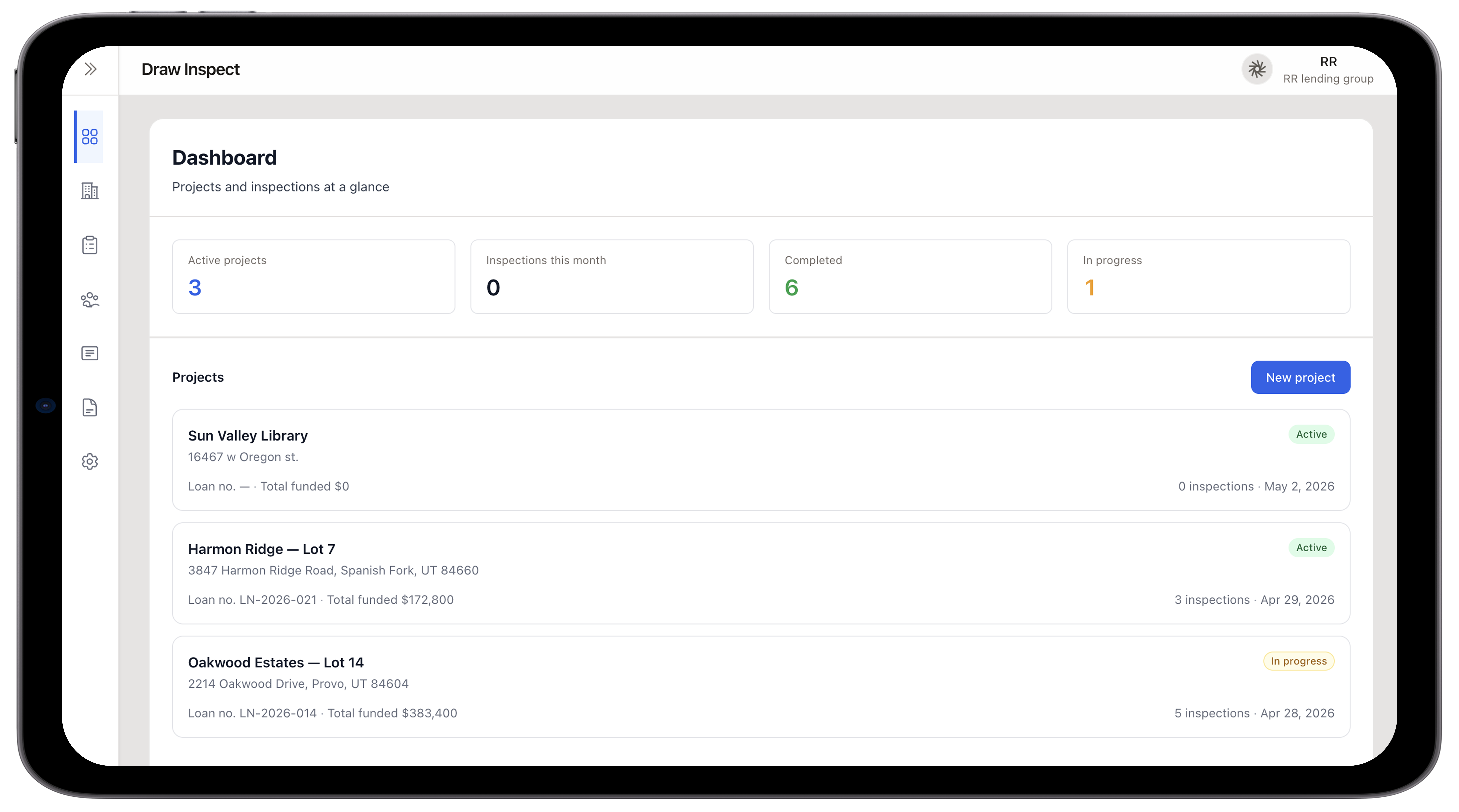 Draw Inspect lender dashboard